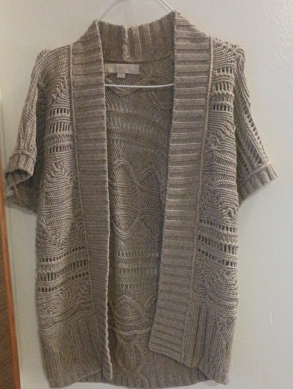 LOFT Open-Front Short-Sleeve Cable Cardigan in Taupe